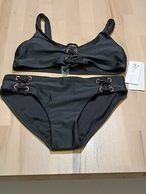NWT Raisins Black Lace-Up Girls Two Piece Newport Swimsuit Size 8